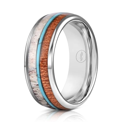 Men's Silver Tungsten Carbide Wedding Band - Premium Tungsten Ring With Turquoise, Deer Antler & Koa Wood Inlay - Includes Silicone Band, Leather Drawstring Pouch, & Luxury Walnut Box
