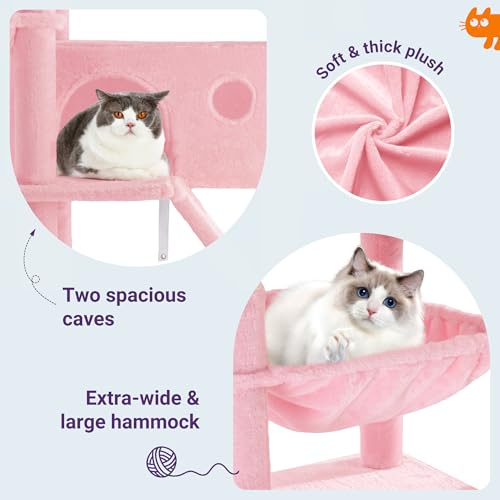 Image of Allewie 81 Inches Tall Cat Tree /Multi-Level Large Climbing Tree House and Towers for Big Feline /Condo and Hammock /Scratching Post /Wide Base /Pink