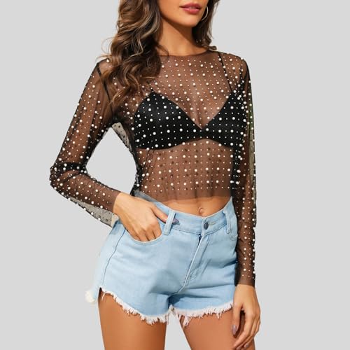 Women Pearl Rhinestone Sheer Mesh Crop Top Sexy See Through Long Sleeve Slim Fit Cropped Blouse Shirt Clubwear4