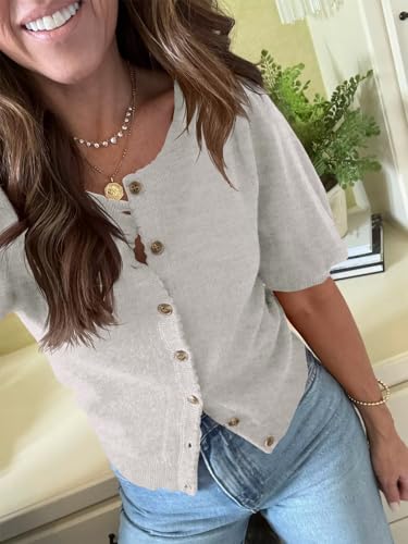 Image of Saodimallsu Womens Puff Short Sleeve Cardigan Lightweight Summer Button Down Shirts Knit Crew Neck Sweater Tops