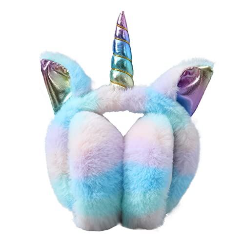 ZTL Foldable Unicorn Earmuffs for Girls Kids Women Soft Plush Winter Ear Warmers, Rainbow Blue, One Size