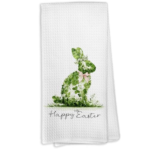 VRW Easter Green Bunny Kitchen Dish Towels, Happy Easter Farmhouse Spring Shamrock Rabbit Hand Tea Towels for Kitchen Bathroom Decorations, Bunny Towel Gifts for Women Girls, 16x24 Inches