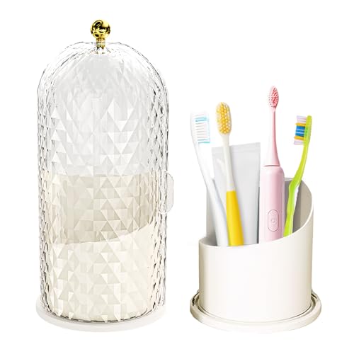 Multifunctional Rotating Toothbrush Holders with Sliding Lid, The 3-Slot Bathroom Countertop Vanity Organizer Perfect for Tooth Brush, Toothpaste, and Makeup Brushes Holder Storage (White)