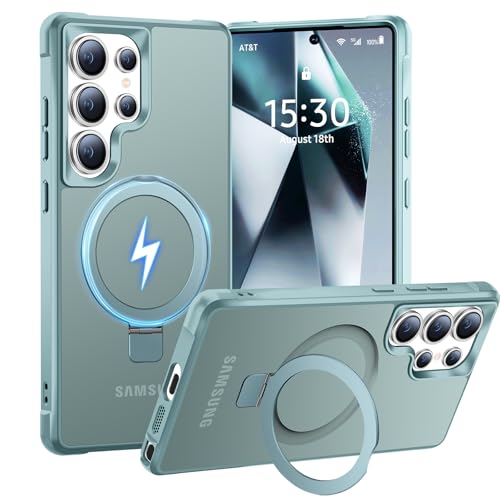 BENTIACC Handyhülle für Samsung Galaxy S24 Ultra Hülle mit Unsichtbarer Magnetisch Ring Ständer Mil-Grade Drop Shockproof Anti-Scratch Anti-Fingerabdruck Rutschfest Transluzente Matte Case (Seeblau)