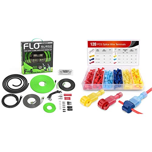 Surge Series Amplifier Installation Wiring Kit - 4 Gauge Installer Amp Kit - True Spec Awg Amp Kit & Nilight - 50004R 120 Pcs/60 Pairs Quick Splice Wire Terminals T-Tap Self-Stripping #TOP9