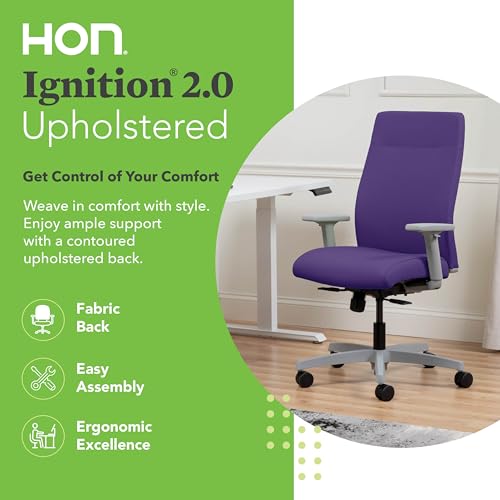 Image of HON Ignition 2.0 Ergonomic Office Chair with Adjustable Arms, Standard Synchro‑Tilt Recline, Upholstered Desk and Computer Chair for Home Office or Workstation, Titanium Frame, Iris