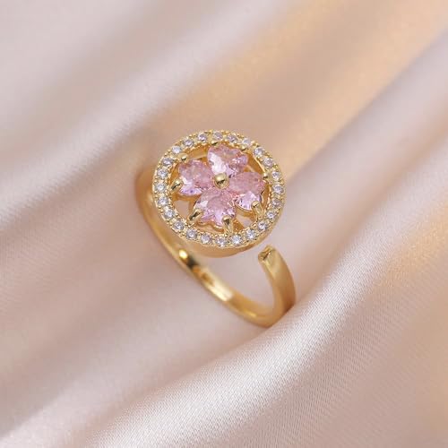 Rotating Flower Gold-Tone Statement Ring for Women Four Leaf Clover Fidget Spinner Anxiety Rings Crystal Open Adjustable Heart Floral Wedding Band Stress Relief St Patricks Day Good Luck Jewelry4