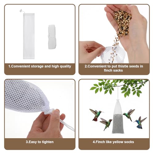Xinjoduz 6 PCS Finch Sock Feeder for Outdoor, Durable Instant Thistle Seed Feeder Sacks Hanging Birds Feeders, Bird Food Supply Tools for Garden Yard Wild Finch Feeding (White, 3.94 x 15.5 Inch)
