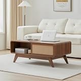 AVZEAR Mid Century Modern Coffee Table with Storage, Curved Edge Wood Coffee Table with Sliding Nature Linen Door, Farmhouse Center Table Rectangle Coffee Table for Living Room, Office, Walnut