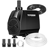 VIVOSUN 1050 GPH 100W Submersible Water Pump, Quiet Fountain Pump with 13.1 ft Head Lift, 6.6 ft Power Cord, 3 Nozzles, 6.6 ft Tubing, & 2 Clamps, For Fish Tank, Pond, Aquarium, Hydroponics