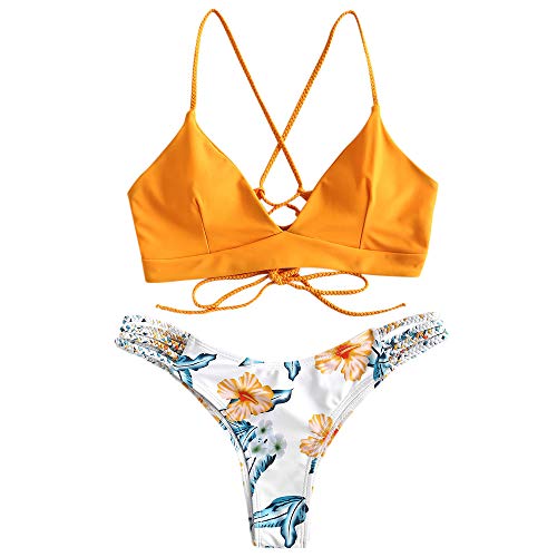 ZAFUL Women's Tie Dye Braided Straps Lace Up Two-Piece Bikini Set Plunging Collar Wire Free Padded Swimsuit (M, Bright Yellow)