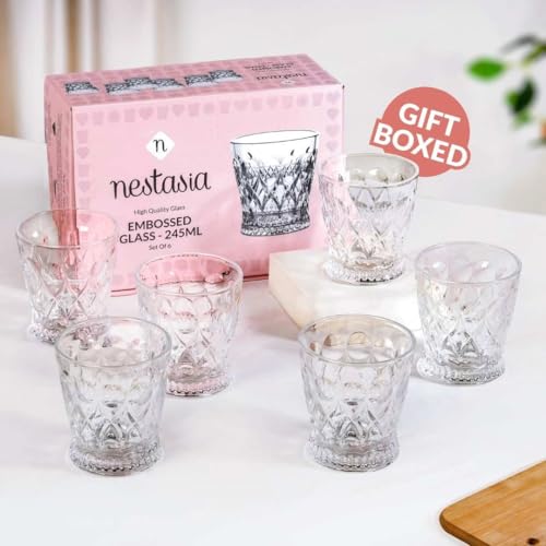 Image of Nestasia Transparent Set of 6 Small Juice Glasses (245 ml Each) - 100% Food Safe & Chip Resistant Embossed Tapering Tumblers - Ideal for Water, Tea, Coffee & Refreshments - Perfect for Gifting