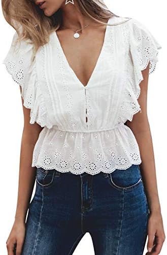 V Neck Ruffle Short Sleeve Lace Blouse 