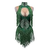 Yoyomomozi Sparkly Rhinestone Tassel Bodysuit Nightclub Ds Show Stage Wear Stretch Party Outfit Female Singer Dancer Festival Outfit (green)