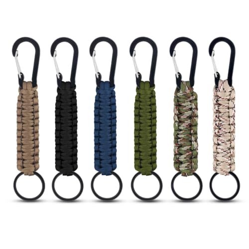 6 Pack Paracord Keychain with Carabiner Braided Lanyard Key Chain Paracord Carabiner Clip for Keys Backpack Paracord Keychain Ring for Men Women Heavy Duty Hook for Outdoor Survival Camping Hiking