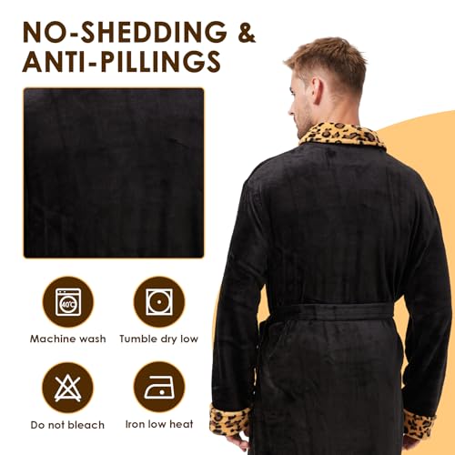 Men's Fleece Plush Bathrobe Full Length Big and Tall Shawl Collar Plaid Men Robe4