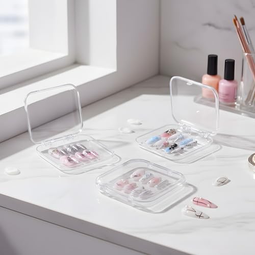 Image of 12 Pcs Press on Nail Storage Box with 60 Pcs Double Sided Adhesive Tapes, Nail Packaging Boxes Fake Nail Display Case Crystal Clear Nail Storage Box with Gift Box for Nail Art Business Nail Salon