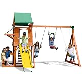 Sportspower Roseville Wooden Swing Set: Play Fort, Bench with Table, Sandbox, Trapeze, and 6' Slide