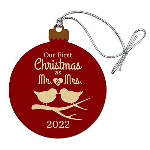 GRAPHICS & MORE Our First Christmas as Mr and Mrs 2022 Married Kissing Birds Red Background Wood Christmas Tree Holiday Ornament