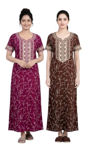E - Ezra Embroidery Nighty for Women Pure Cotton Combo Pack of 2 | Free Size Gown for Women Cotton Nighties for Women Stylish Night Dress | Maxi Sleepwear Maroon & Purple