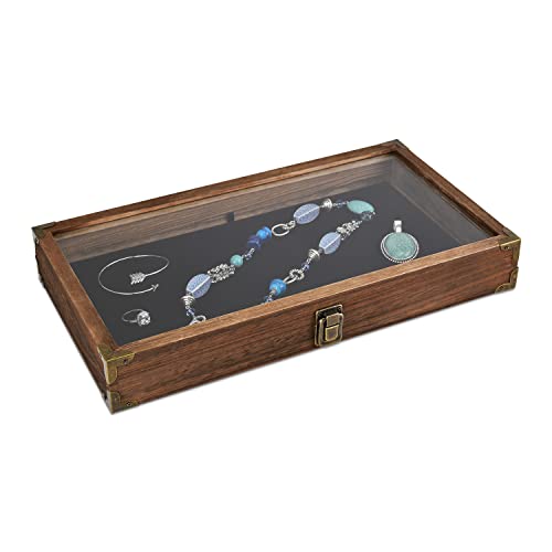 image for MOOCA Wood Glass Top Jewelry Display Case Wooden Jewelry Tray with Met