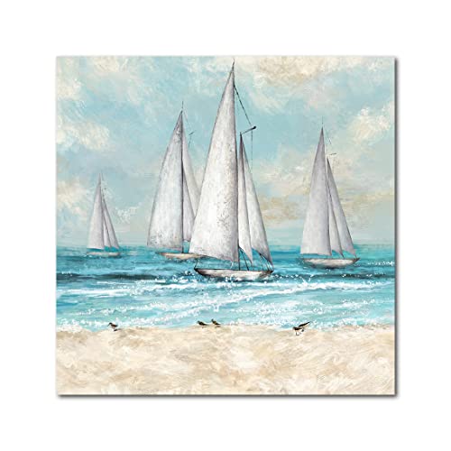 Rtriel Coastal Wall Art Sailing Boat Prints Ocean Pictures for Bathroom Beach Wall Decor 12 x 12 Inch