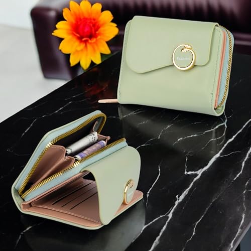 PRANIJ Small Leather Bifold Wallet for Women Fashion Compact Slim Credit Card Holder with Zipper Coin Pocket, Mini Clutch Purse for Girls (Pale Green) 2