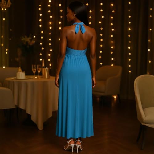 Image of Womens Backless Dress Sexy Halter Deep V Neck Maxi Dresses Sleeveless Long Cocktail Dress with Slit