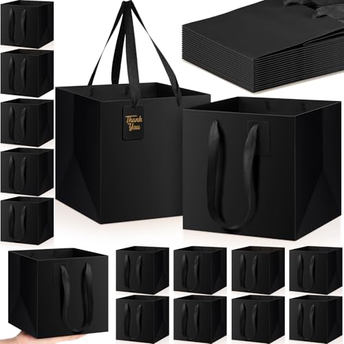 Windyun 50 Pcs Square Paper Gift Bags with Handle 10 x 10 x 10'' Large Favor Bag with DIY Thank You Tag for Wedding Christmas Bridal Shower Bridesmaid Birthday Party (Black)