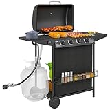 Outsunny 4+1 Burner Propane Gas BBQ Grill, Portable Gas Barbecue Grill with Side Burner, Thermometer, Lid, Side Table, Shelf, Spice Rack, Wheels, Grease Cup for Garden, Black