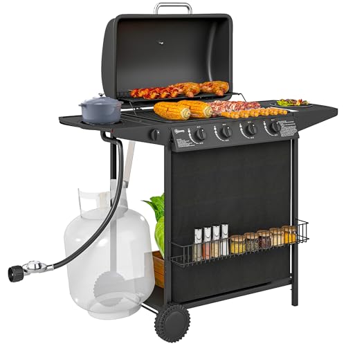 Outsunny - Outsunny 4+1 Burner Propane Gas BBQ Grill, Portable Gas Barbecue Grill with Thermometer, Grease Cup, Side Burner, Side Table, Spice Rack, Shelf, Wheels, Lid for Garden, Black