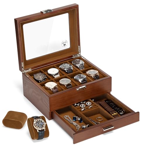 Slege Boîte à Montres en Bois,8 Emplacements avec Tiroir de Valet,Fabriqué à Main,Boîte de Rangement pour-Cave à Montre pour Homme et Femme-Boîte à bijoux avec couvercle en verre,Support de montre
