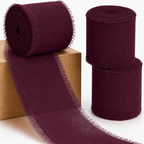 Burgundy Chiffon Ribbon, 3 Rolls 1.5 inch x 16.5 Yard Handmade Fringe Chiffon Ribbons, Frayed Edge Silk Ribbon for Gift Wrapping, Wedding Invitations, Bridal Bouquets, DIY Crafts and Home Decor