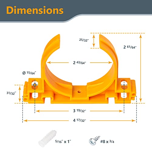 Image of POWERTEC 70342 Open Style Hangers for 2-1 /2 inch Dust Collection Pipe and Hose with Multi Mounting Options, 4.5lb Holding Capacity - 5 PK Orange