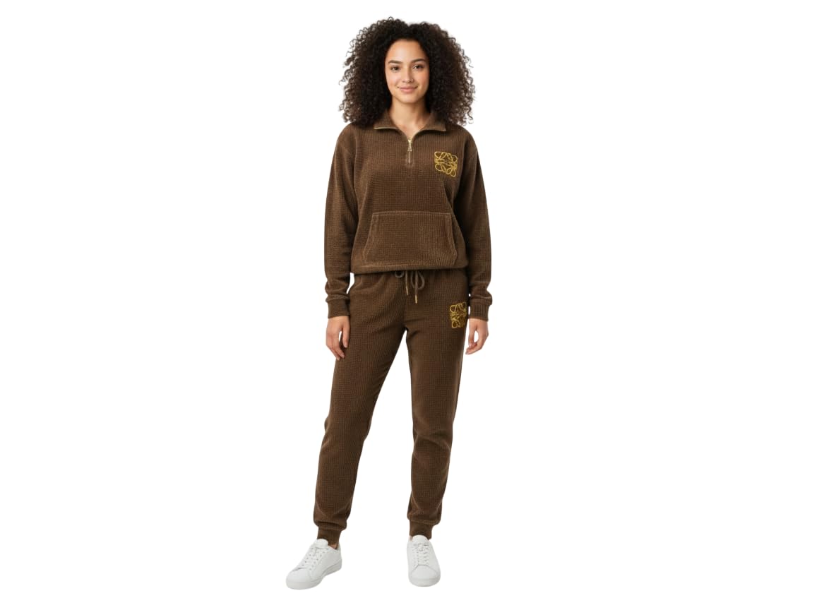 Women's Ribbed Knit Tracksuit Set, Half Zip Sweatshirt with Joggers, Brown Loungewear Co-ord Set with Embroidered Logo-image-25