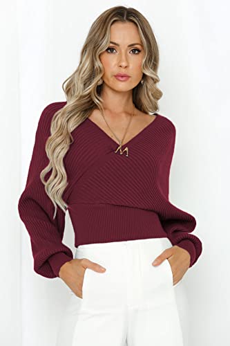 Image of ZAFUL Womens V Neck Cropped Wrap Sweaters Drop Shoulder Lantern Sleeve Pullover Tops Winter Sexy Cross Ribbed Clothes