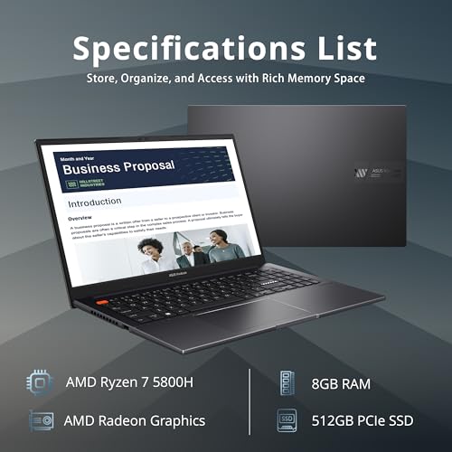 Image of ASUS VivoBook S 15 Slim 15.6 inch FHD Laptop, AMD Ryzen 7 5800H, 8GB RAM, 512GB SSD, AMD Radeon Graphics, Fingerprint Reader, Backlit Keyboard, Webcam, Windows 11 Home, Indie Black, 32GB Hotface USB Card