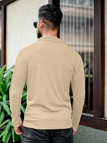 Image of KAJARU Men's Polyester Blend T Shirt with Spread Collar Neck Line Zipper Closure Full Sleeves Solid Pattern Regular Fit and Standard Length
