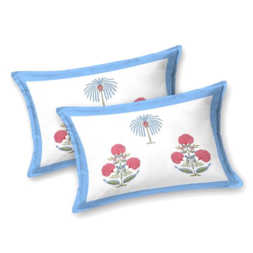 Image of BLOCKS OF INDIA Hand Block Printed 200 TC Cotton King Size Bedsheet (Open Blue Motifs)