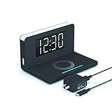 Pointuch Digital Clock, Wireless Charging Alarm Clock with Night Light QC3.0 USB Connector, Modern Desk Clock for iPhone Charging Dock Bedroom Living Room, 12/25H, Snooze Bedside Clock, Black