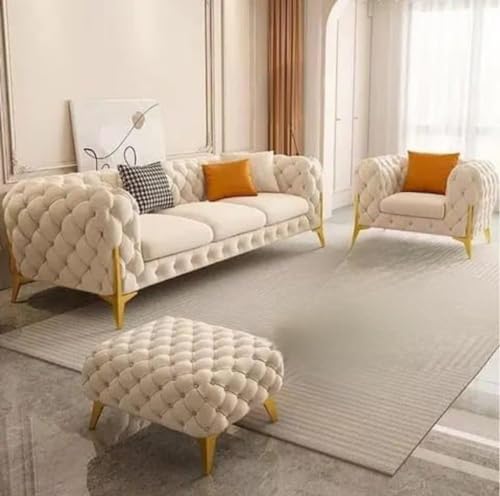 Image of Modern Classic 5 Seater Velvet Button Tufted 3+1+1Footrest Chesterfield Sofa for Living Room and Office (Pillows Not Included) (Off White)