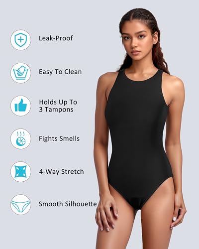 Beautikini Period Swimwear One Piece High Neck Menstrual Leakproof Swimsuit Period Cutout Back Bathing Suit for Teen Girls3