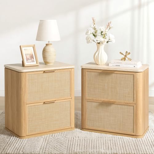 Rattan Nightstand Set with Faux Marble
