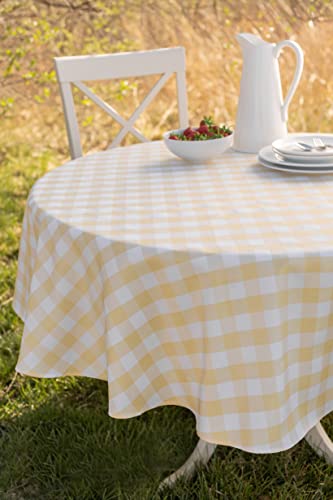 Benson Mills Spillproof Spring/Summer Fabric Outdoor Tablecloth With Umbrella Hole, Zippered Table Cloth For Round Tables, Picnic/Patio Table Cover (Yellow Buffalo Check, 70" Round With Umbrella Hole) #TOP3