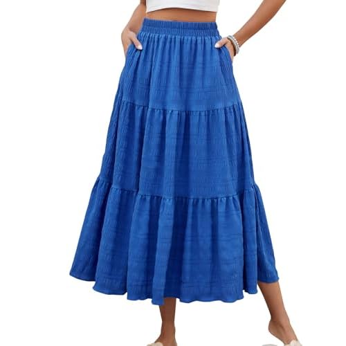 HUSKARY Women's Summer Casual Elegant Smock Layered Tiered Maxi Skirt High Waisted A Line Flowy Long Skirts with Pockets Small Royal Blue
