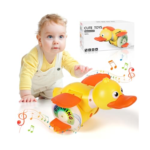 Krabbelente Baby Spielzeug ab 18 Monaten - Musik-Leuchtspielzeug mit Flatterflügeln & Pickbewegung, Wiederaufladbares Sensorik Spiel für Babys & Kleinkinder,Förderung Krabbeln & Tummy Time Toys