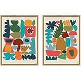 Kate and Laurel Garden Songs PT 1 & 2 2 Piece Framed Canvas Wall Art Set by Kelly Knaga, Sylvie Natural Mid Century Modern, Abstract Art for Wall Decor