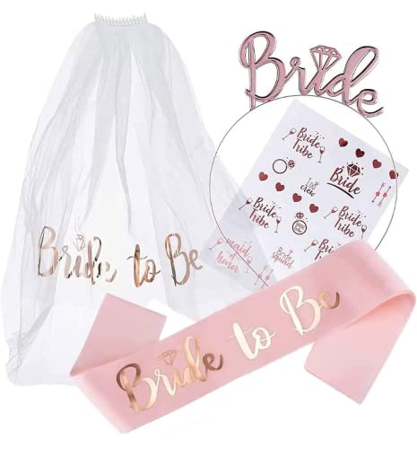 KASTWAVE Bride to Be Decoration Set Bride Sash Headband Tiara Bride Veil with Comb Rhinestone Tiara Pre-Strung Banner Bride to Be Gifts Decorations Wedding