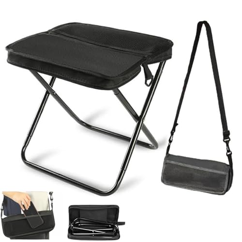 Folding Stool, Foldable Backpack Stool, Folding Outdoor Camping Stool, Portable Foldable Hunting Seat with Zippered Carrying Bag, Supports up to 120kg, for Fishing Travelling Picnics, Hiking (Black)