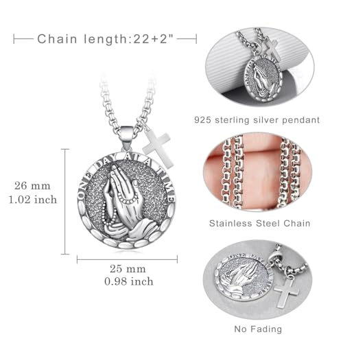 925 Sterling Silver Serenity Prayer Necklace Praying Hands Pendant with Cross Charm Religious Jewelry for Men Women4